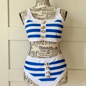 Retro-Stage White & Blue Striped Nautical Style Bikini